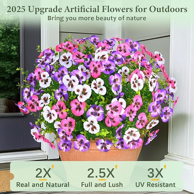 MARTINE MALL 12 Bundles Look Real Artificial Flowers for Outdoors, Realistic Fake Outdoor Flowers, UV Resistant Silk Pansy Flower for Outside Faux Flower Plant for Outdoor Porch Yard, Three Mix Colors