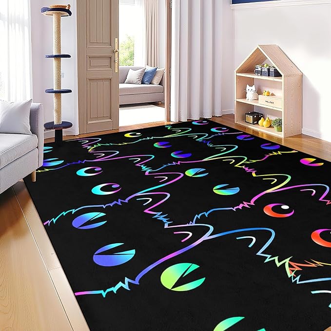 Black Cat Rug Large Kids Cat Carpet for Girls Room Decor, Funny Cats Rugs Room Decor Playroom Cute Cats Themed Kids Area Rug Washable Non Slip Childrens Bedroom Mat 4.5x6 Feet