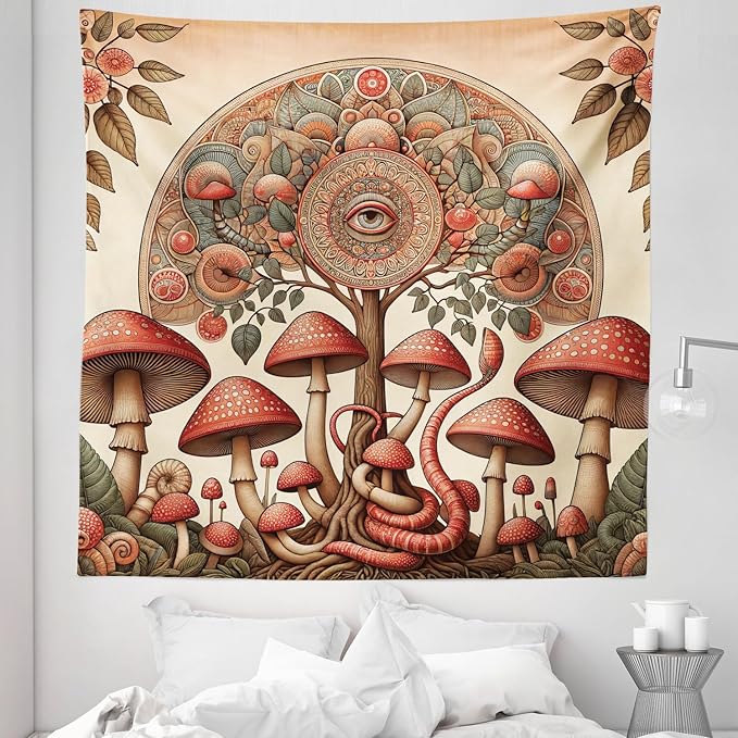 Ambesonne Hippie Tapestry Queen Size, Psychedelic Aura Leaves and Eye Ornate Tree Art with Mushrooms and Snake, Wall Hanging Bedspread Bed Cover Wall Decor, 88" X 88", Dark Pink Reseda Green
