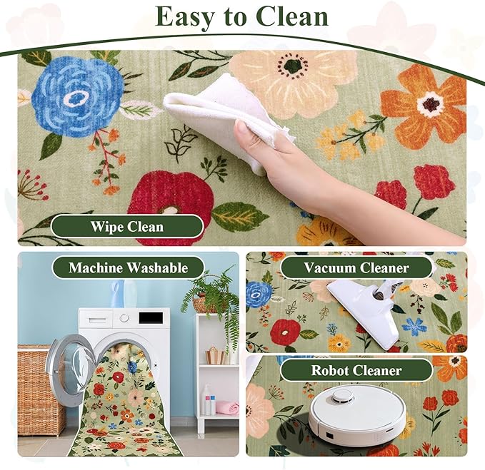 U'Artlines 2'6" x 10' Boho Runner Rug for Hallways Kitchen Colorful Floral Soft Non Slip Washable Floor Carpet Runners for Entryway Laundry Room Bathroom Green
