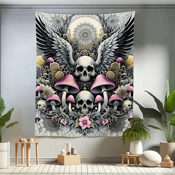 Ambesonne Gothic Tapestry Twin Size, Blushy Mushrooms and Wingy Skull with Lace and Cactus Flowers Art Boho, Wall Hanging Bedspread Bed Cover Wall Decor, 68" X 88", Pink Grey Yellow Mustard