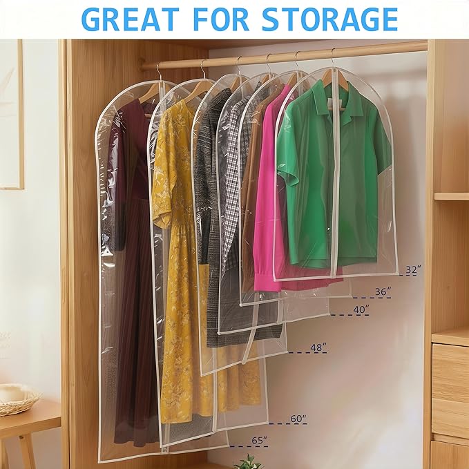 All Clear Garment Bags for Travel - 32” PEVA Waterproof Suit Cover with Zipper for Hanging Clothes, Shirts, Sweaters - Durable Dresser for Closet Storage, Dustproof & Moisture Resistant - 32”/6 Pack