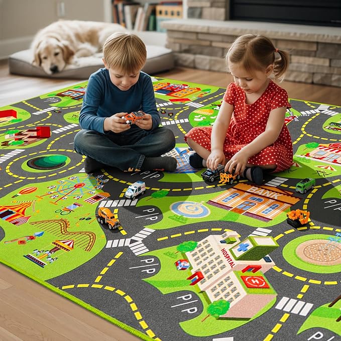 Kids Car Rug Play Mat with 12 Toy Vehicle Set, Kid Road Playmat Rug for Toy Cars, Cars Play Rugs Town City Map Carpet,Toddler Car Track Rugs for Kids Boys Playroom Bedroom (60"X36", City Map+Vehicle)