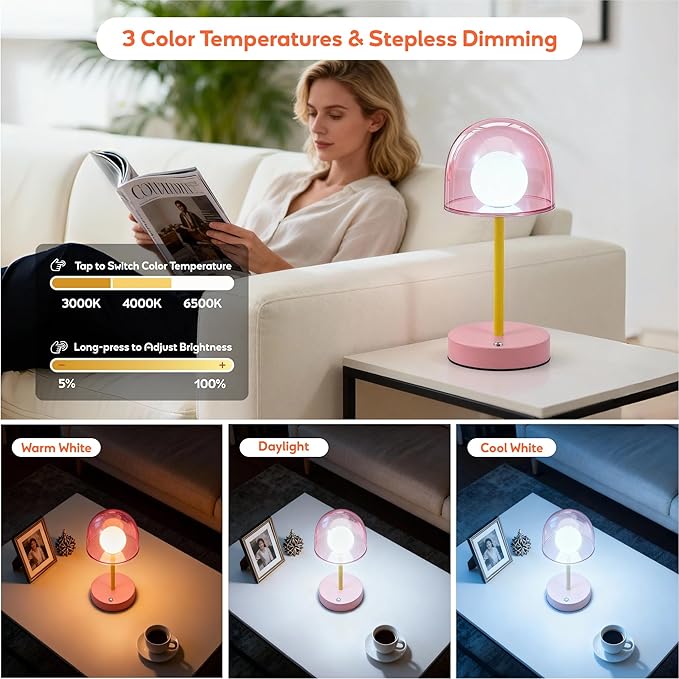 Rechargeable Bedside Lamp with 3CCT & Stepless Dimming, LED Artistic Table Lamp, Battery Powered Mushroom Light for Kids Room Playroom Desk Nightstand (Pink)