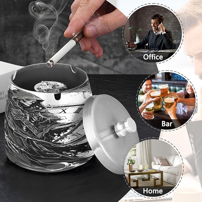 Black Death Ashtray with Lid, Outdoor Ashtrays for Patio, Stainless Steel Ashtray Odorless Smokeless for Home Office Balcony