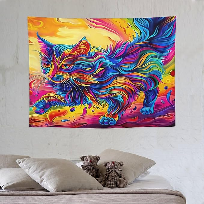 VUMIVI Colorful Cat Tapestry Pet Oil Painting Print Rainbow Colorful Abstract Art Pattern Tapestry Wall Hanging for Living Room Bedroom Dorm Classroom Aesthetic Decor W40xL30in