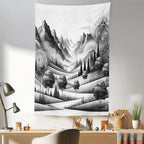 Ambesonne Mountain Tapestry, Monochrome Art Scenic Mounts with Wooded Lands Featuring Eastern Mandala, Fabric Wall Hanging Decor for Bedroom Living Room Dorm, 30" X 45", Pale Grey Dark Taupe