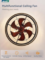 LEDIARY 22 Inch Caged Ceiling Fan with Light, Fandelier Farmhouse Ceiling Fan with Remote, Small Bladeless Fan Lights Ceiling Fixtures for Kitchen, Bedroom, Outdoor-Black and Gold