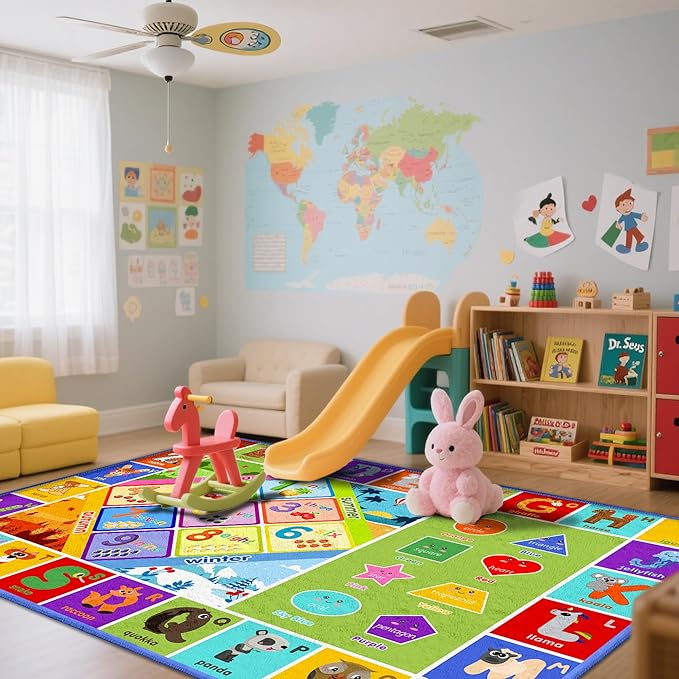 8x10 Kids Rug for Classroom & Playroom - ABC Alphabet Educational Area Rug with Animals Numbers & Shapes - Non-Slip Carpet Playmat for Nursery Preschool Elementary