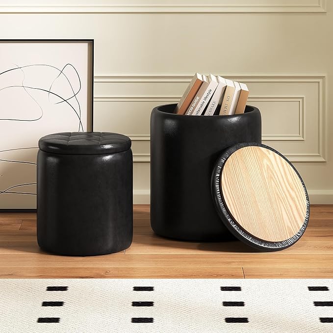 Round Ottoman with Storage Set of 2, 12.6" W x 14.17" H & 14.76" W x 17.32" H Faux Leather Storage Ottoman for Living Room Bedroom, Small Coffee Table Padded Ottoman, Black