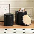 Round Ottoman with Storage Set of 2, 12.6" W x 14.17" H & 14.76" W x 17.32" H Faux Leather Storage Ottoman for Living Room Bedroom, Small Coffee Table Padded Ottoman, Black