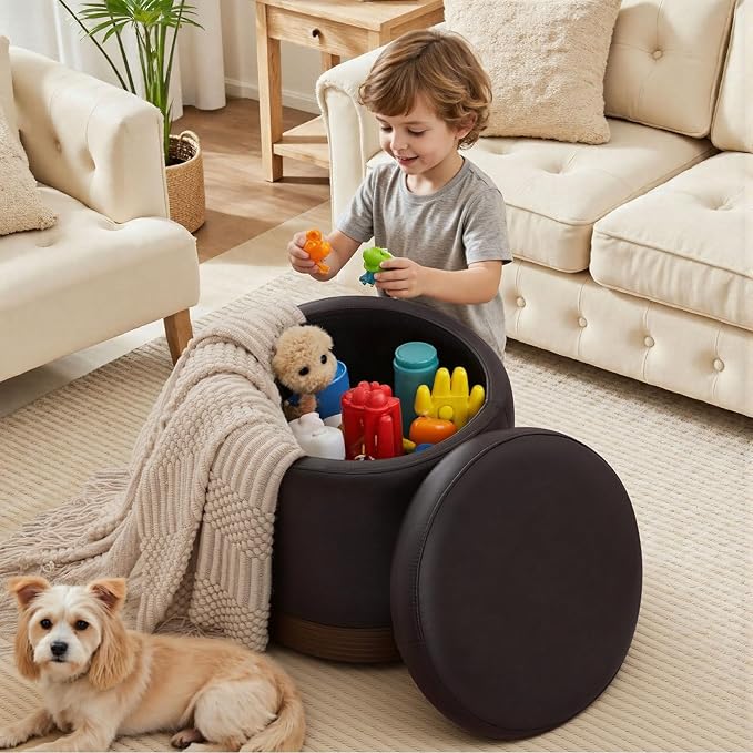 Round Storage Ottoman,Dark Brown Swivel Vanity Stool-Smooth Faux Leather Foot Rest,Footstool Pouf with Sturdy Acacia Wood Frame(500lbs),Hidden Storage Ottoman for Living Room Assembled