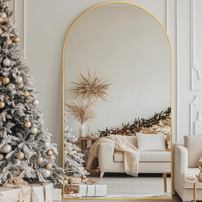 Antok Full Length Mirror, 82"x44" Floor Mirror, Arched Floor Standing Freestanding Arch Full Body Mirrors with Stand for Bedroom, Hanging Mounted for Living Room Cloakroom,Gold