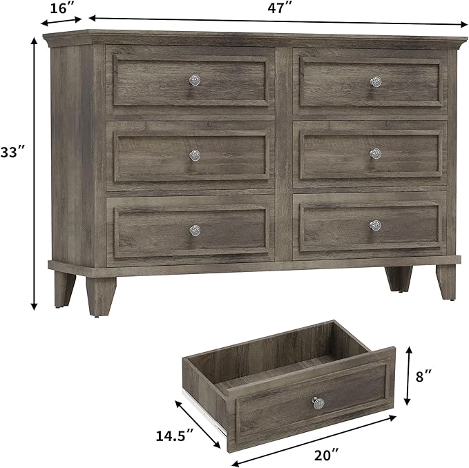 GarveeHome Farmhouse Grey Dresser for Bedroom with 6 Drawer, Double Dresser TV Stand with Vintage Handle, Wide Wood Dressers & Chests of Drawers, 6 Drawer Dressers for Bedroom, Living Room, Hallway