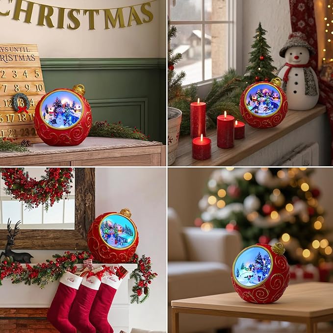Christmas Village Scene Animated Rotating Snowman LED Lights Christmas Decorations Music with Volume Adjustment USB/Battery Collectible Buildings Figurines Globe Gifts