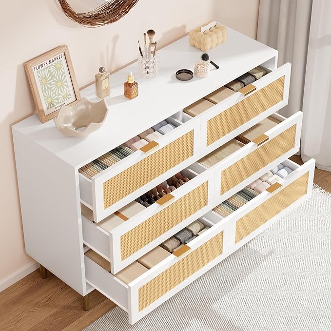 GarveeHome Rattan 6 Drawer Dresser, Modern Chest of Drawers with Gold Legs and Gold Handles, Wide Double Dresser with Large Tabletop and Anti-Tipping Design for Bedroom Living Room, White
