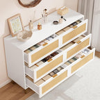 GarveeHome Rattan 6 Drawer Dresser, Modern Chest of Drawers with Gold Legs and Gold Handles, Wide Double Dresser with Large Tabletop and Anti-Tipping Design for Bedroom Living Room, White