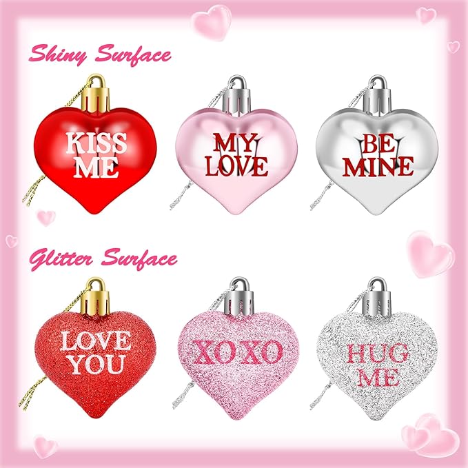 JULMELON 24Pcs Valentine's Day Heart Shaped Ornaments Romantic Valentines Conversation Heart Hanging Ornaments Decorations for Home Party Wedding Decor (Red, Pink and Silver)
