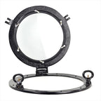 Nagina International Deep Black Round & Circular Porthole Window With Transparent Glass | Vintage Handcrafted Wall Pediments & Sculptures | Maritime Boat Decor | Grooved Secondary Frame Design (17 Inches)