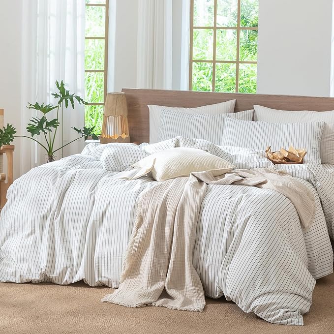 MooMee Striped Duvet Cover Set 100% Washed Cotton Linen Like Textured Breathable Durable Soft Comfy (White Heathered Green Wide Stripes, King 104"x90")