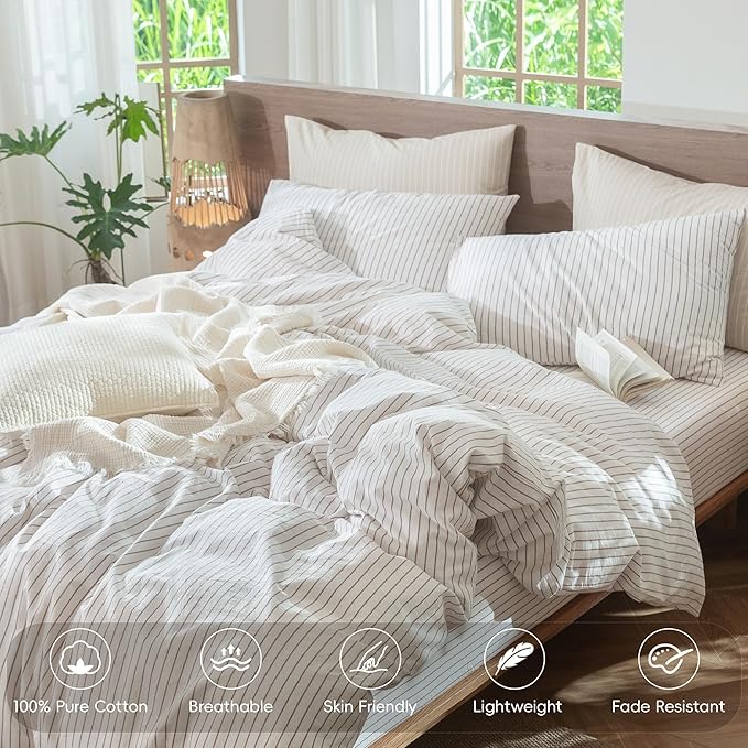 MooMee Striped Duvet Cover Set 100% Washed Cotton Linen Like Textured Breathable Durable Soft Comfy (White Orange Wide Stripes, Twin 68"x90")