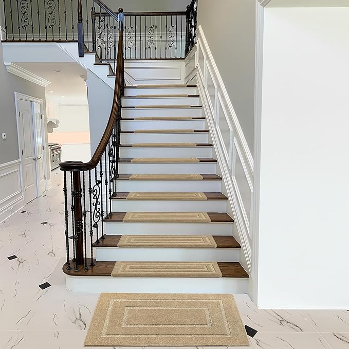 PURE ERA Bullnose Carpet Stair Treads Set Tape Free Non-Slip Indoor Stair Protectors Pet Friendly Rugs 9.5" x 30"(2 Pieces,Khaki Rectangular)