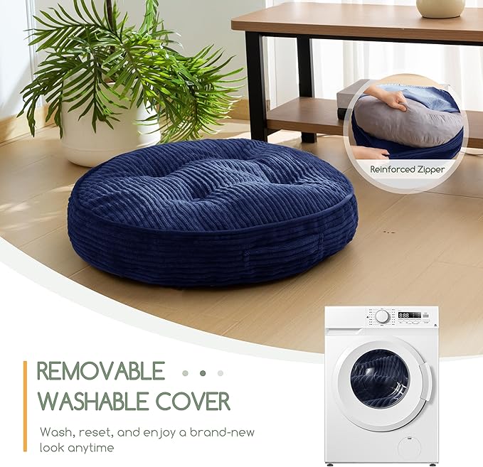Washable Floor Pillow Cushion for Adults, Meditation Cushion Pillow, Large Round Floor Sitting, Removable Tufted Corduroy Cover, for Tatami Living Room or Yoga, 22x22 Inch, 2Pack, Machine Washable