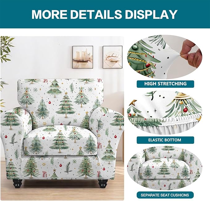 KRFOONN 2 Piece Chair Covers Printed Sofa Covers Couch Covers Washable Armchair Sofa Couch Slipcover Furniture Protector with Elastic Bottom for Living Room (Armchair, Christmas 02), Small