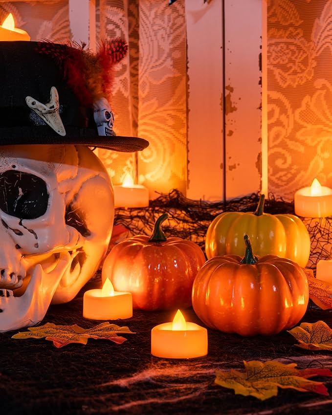 Halloween Flameless Candles, 12-Pack Orange Tea Lights Candles Battery Operated, LED Pumpkin Lights Flickering, Electric Fake Tealight Candles, 1.5'' D X 1.25'' H