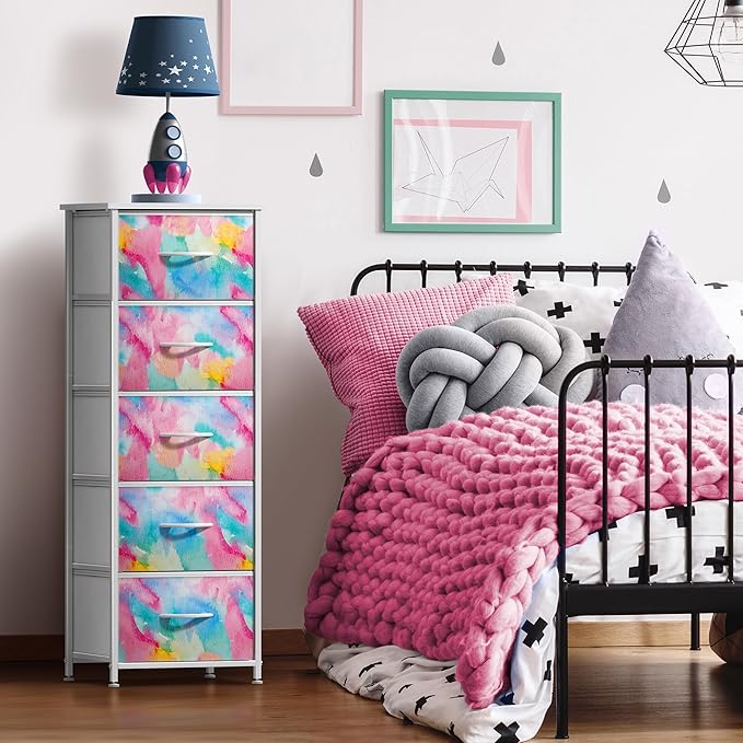 Sorbus Kids Dresser with 5 Drawers - Storage Chest Organizer Nightstand - Steel Frame, Wood Top, Tie-Dye Fabric Bins for Clothes - Wide Furniture for Bedroom, Hallway, Nursery, Closet, & Apartment