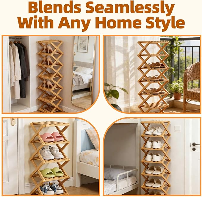 9 Tier Bamboo Shoe Rack, Heavy Duty Foldable Shelf Needing No Setup | Versatile Space-Saving & Sturdy Collapsible Bamboo Shoe Rack Organizer for Closet, Entryway, Over-Door, Dorm or Bedroom Use