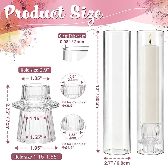 12 Set Glass Hurricane Candle Holders - 12" Tall Clear Glass Candlestick Holders for Taper Candles with Cylinder Chimney for Wedding, Party, and Home Table Centerpiece Decoration