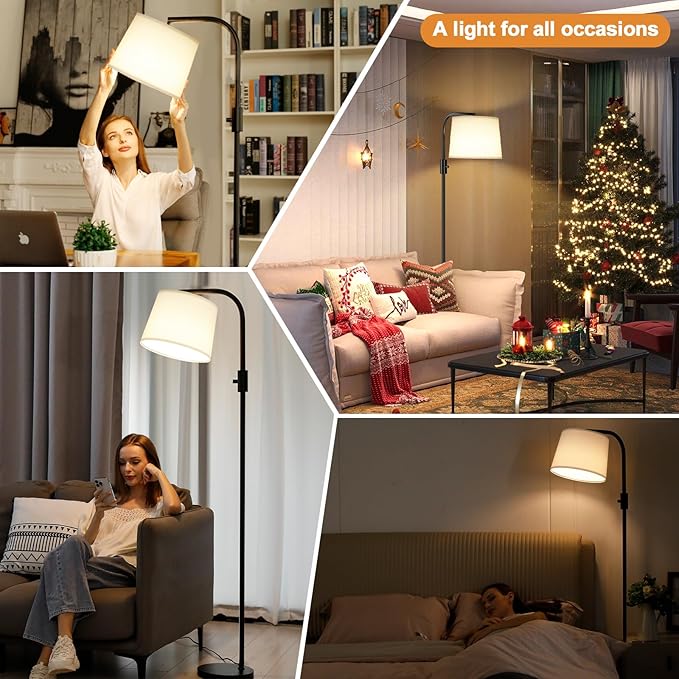 Ambimall Fully Dimmable Floor Lamp - Floor Lamps 9W LED Light Bulbs, Standing Lamps for Living Room with Adjust Head, Modern Standing Light Rotary Switch, Tall Lamp for Bedroom (Black and White)