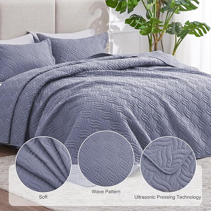 Love's cabin Quilts for Full Bed Bluish Grey Bedspreads Bedding Set - Lightweight Bedspread Comforter - Wave Pattern Bedding Coverlet for All Season - 3 Pieces (1 Quilt, 2 Pillow Shams)