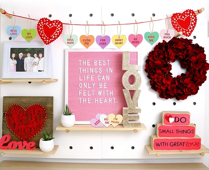 ANGOLIO 37Pcs Valentine's Day Wooden Candy Heart Hanging Ornaments Conversation Heart Hanging Decorations Colorful Love Heart Ornaments for Valentine's Day Wedding Holiday Party Supplies Decor