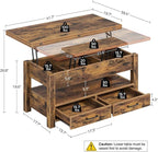 Rolanstar Coffee Table Lift Top, Multi-Function Convertible Coffee Table with Drawers and Hidden Compartment, Converts to Dining Table for Living Room, Home Office, Rustic Brown