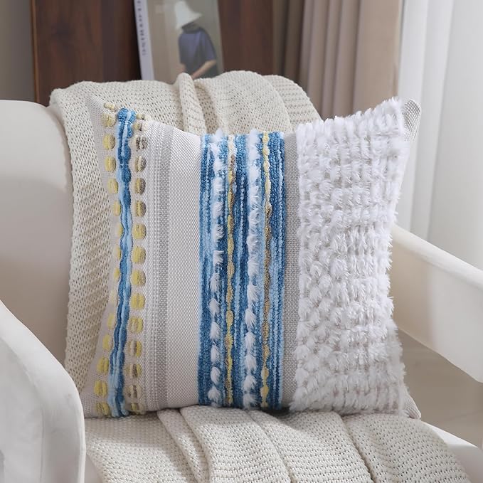 Boho Throw Pillow Covers 18x18 Set of 2 Farmhouse Decorative Couch Pillow Covers Neutral Accent Throw Pillows Covers Striped Outdoor Cushion Covers Square Textured Chenille Pillow Cases for Sofa Bed