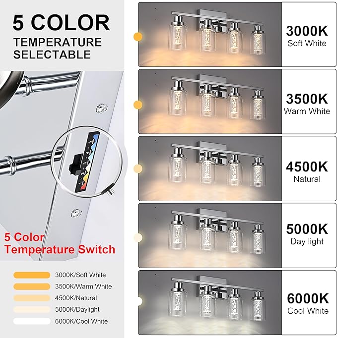 MELUCEE 5 Color Dimmable Bathroom Vanity Light Fixtures 5-Light Bath Wall Lights Modern LED Vanity Lights for Bathroom Chrome with Crystal Bubble Clear Glass Shade, Built-in LED Chips