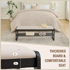CozyDH Solid Wood Shoe Bench, Wooden Storage Entryway Bench 2-Tier, Mid-Century Shoe Rack Bench, End of Bed Bench with Leather Cushion, Ottoman Bench for Hallway Bedroom (Black 48")