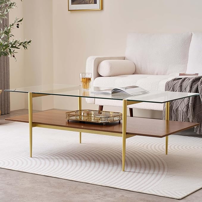 X-Large Rectangle Glass Coffee Table, Mid-Century Modern Design for Living Room, L47xW24xH17 inch, 2-Tier Structure, Clear Glass Top and Walnut MDF Shelf, Conical Metal Legs with Gold Finish
