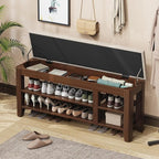 Shoe Bench for Entryway, Solid Rubberwood Shoe Bench with Hidden Storage, Adjustable 2-Tier Shelves & Soft PU Leather Seat, Shoe Rack Durable Easy Assembly for Hallway or Bedroom - Beige, 47.2"