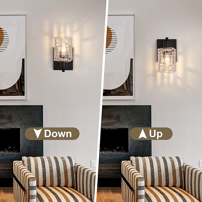 1 Light Matte Black Bathroom Vanity Light Over Mirror, Modern Vanity Lighting with Crystal Glass Shade, Wall Mount Bathroom Light Fixtures, E26 Base