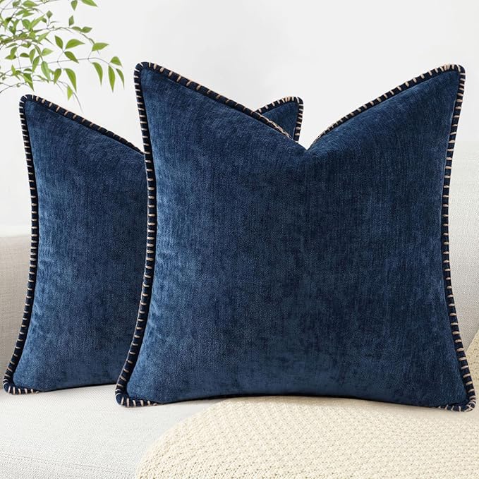 decorUhome Spring Chenille Soft Cozy Throw Pillow Covers 18x18 Set of 2, Modern Farmhouse Boho Velvet Decorative Pillow Cases with Stitched Edge for Couch Sofa Bed Home Decor, Poseidon