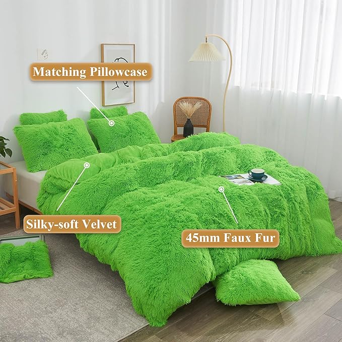 XeGe Plush Shaggy Duvet Cover Set, Luxury Ultra Soft Fluffy Faux Fur Bedding Sets 3 Pieces Velvet(1 Fuzzy Furry Comforter Cover + 2 Faux Fur Pillow Cases), Zipper Closure (King, Lime Green)