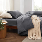 Bedsure Duvet Cover Queen Size with Fitted Sheet - 4 Pieces Prewashed Cotton-Like Extra Soft Bedding Set, Includes 1 Duvet Cover 90x90 Inches, 2 Pillow Shams, 1 Fitted Sheet, Dark Grey