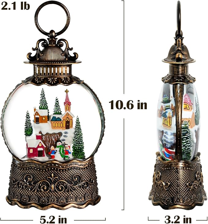 Village Snow Globe Christmas Decorations Indoor Church Snowman Snow Village Scene Gifts Classic Relief Texture Musical Glitter Snowfall USB/Battery Timer Lantern 10.6 inch