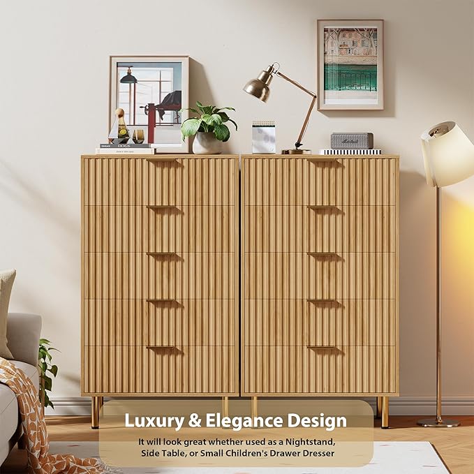 GarveeHome 5 Drawer Dresser for Bedroom, 48 in Tall Modern Chest of Drawers with Deep Drawers and Wide Top, Fluted Wooden Dresser Organizer for Living Room, Hallway, Kids Room, Natural