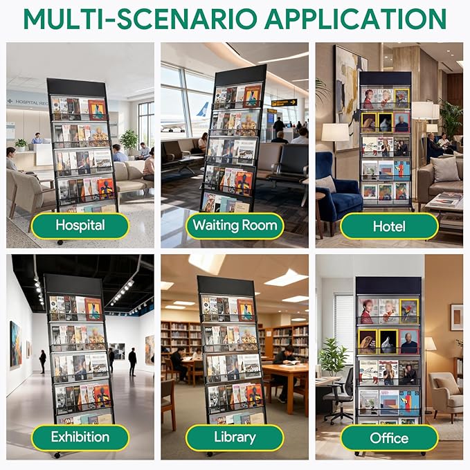 5 Layer Floor Magazine Rack Stand, 70"×27×13.6" Brochure Display Stand with 4 Universal Wheels, Detachable Magazine Display withTop Billboard, for Exhibitions, Shopping Malls, Hospitals, Offices