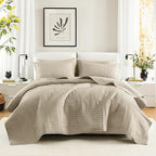 Comfort Spaces Twin Quilt Set Modern Reversible Plaid Coverlet Twin Bedding Set Cozy Quilted Winter Layer, All Season Lightweight Soft Twin Size Quilt, Kienna, Twin/Twin XL Beige 2 Piece
