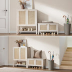 SICOTAS Rattan Shoe Bench - 2 Pieces Farmhouse Shoe Organizer Bench with Lift Top Storage and Hidden Cabinet, Boho Shoe Rack Cabinet for Entryway, Hallway, Bedroom (White Cream Oak)